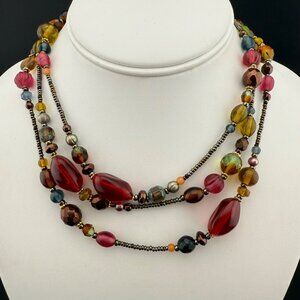 Vintage Multicolor Glass Bead Necklace Long Strand With Gold-Tone Accents Boho S
